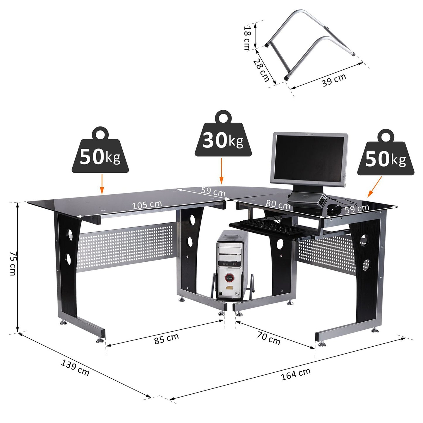 L-shaped desk, black glass, 164x139x75 cm, ready for home office