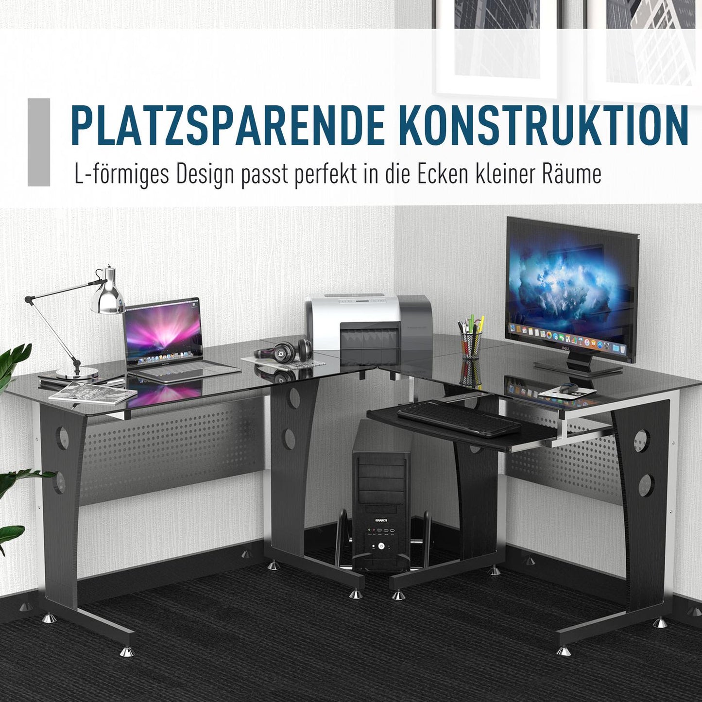 L-shaped desk, black glass, 164x139x75 cm, ready for home office