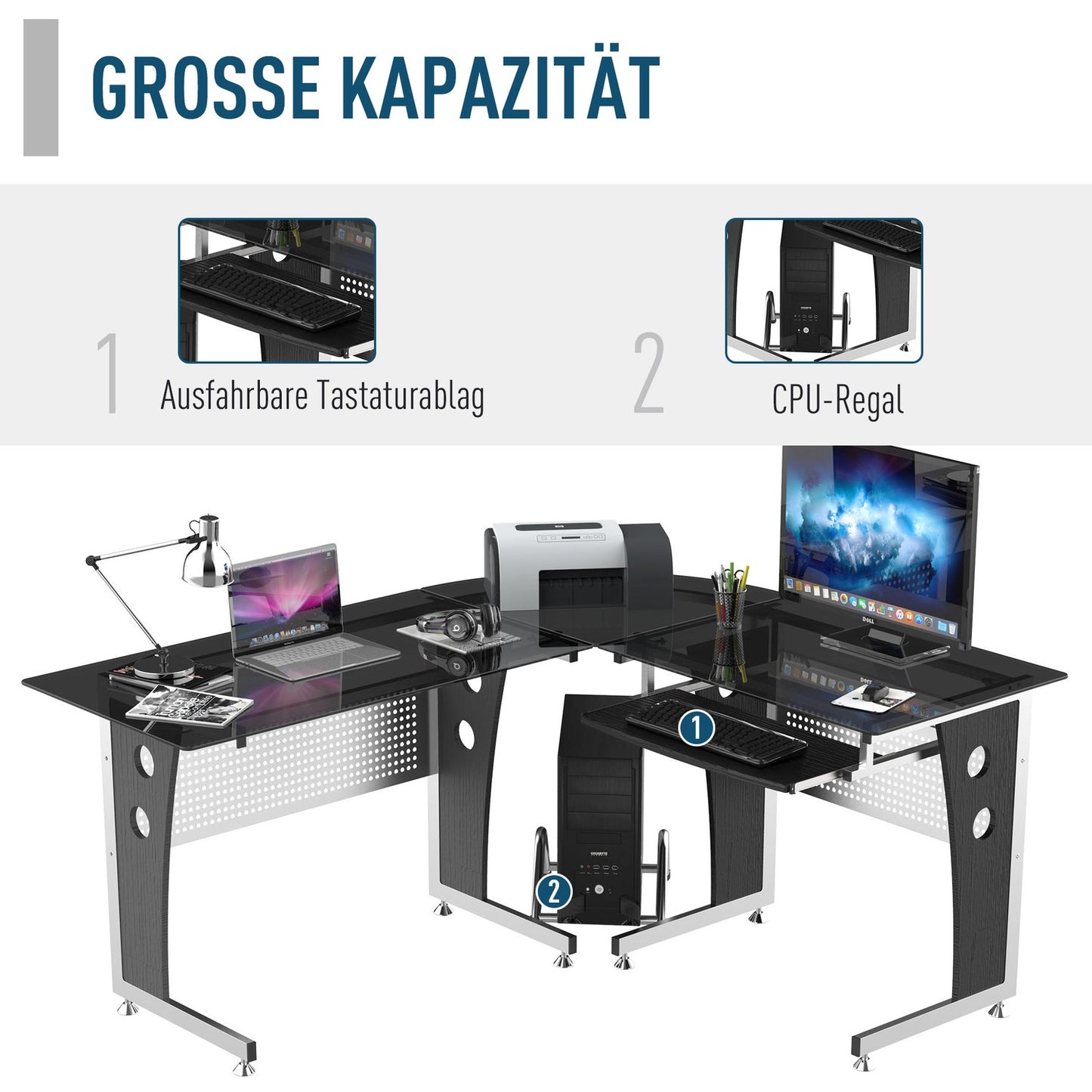 L-shaped desk, black glass, 164x139x75 cm, ready for home office