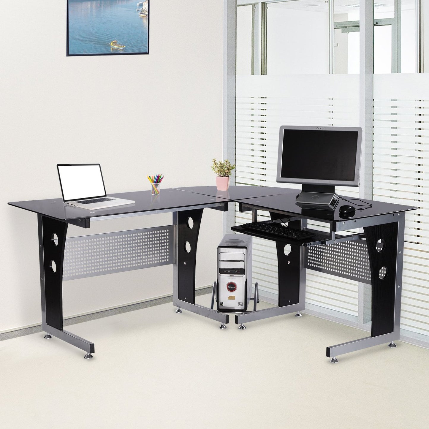 L-shaped desk, black glass, 164x139x75 cm, ready for home office
