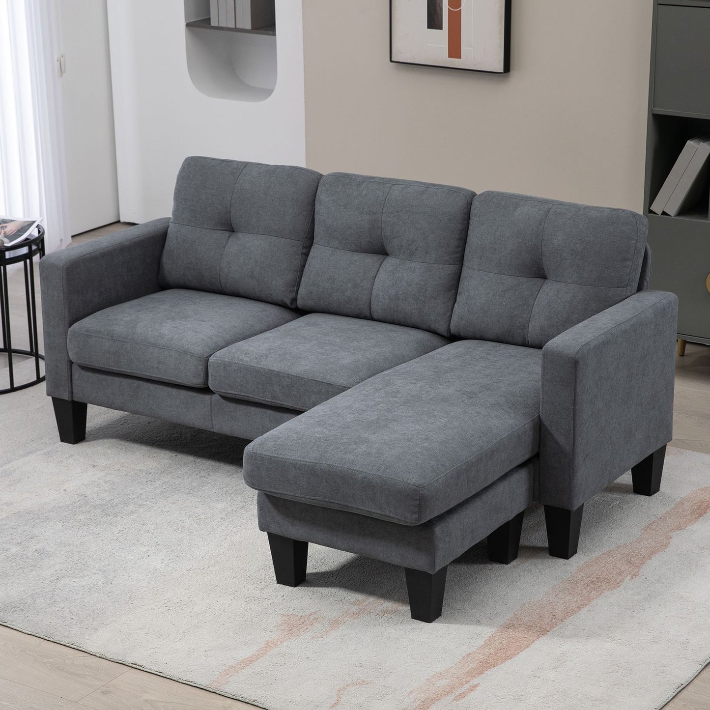 L-shaped corner sofa with chaise longue that can be attached to either side, upholstered sofa, dark grey