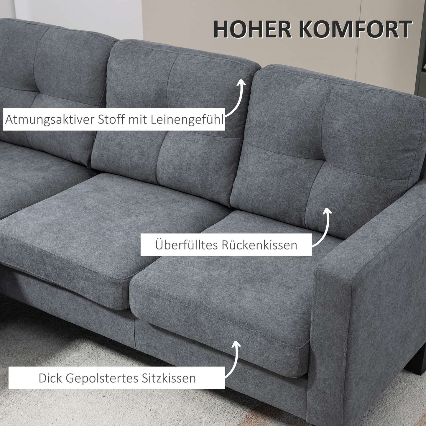 L-shaped corner sofa with chaise longue that can be attached to either side, upholstered sofa, dark grey