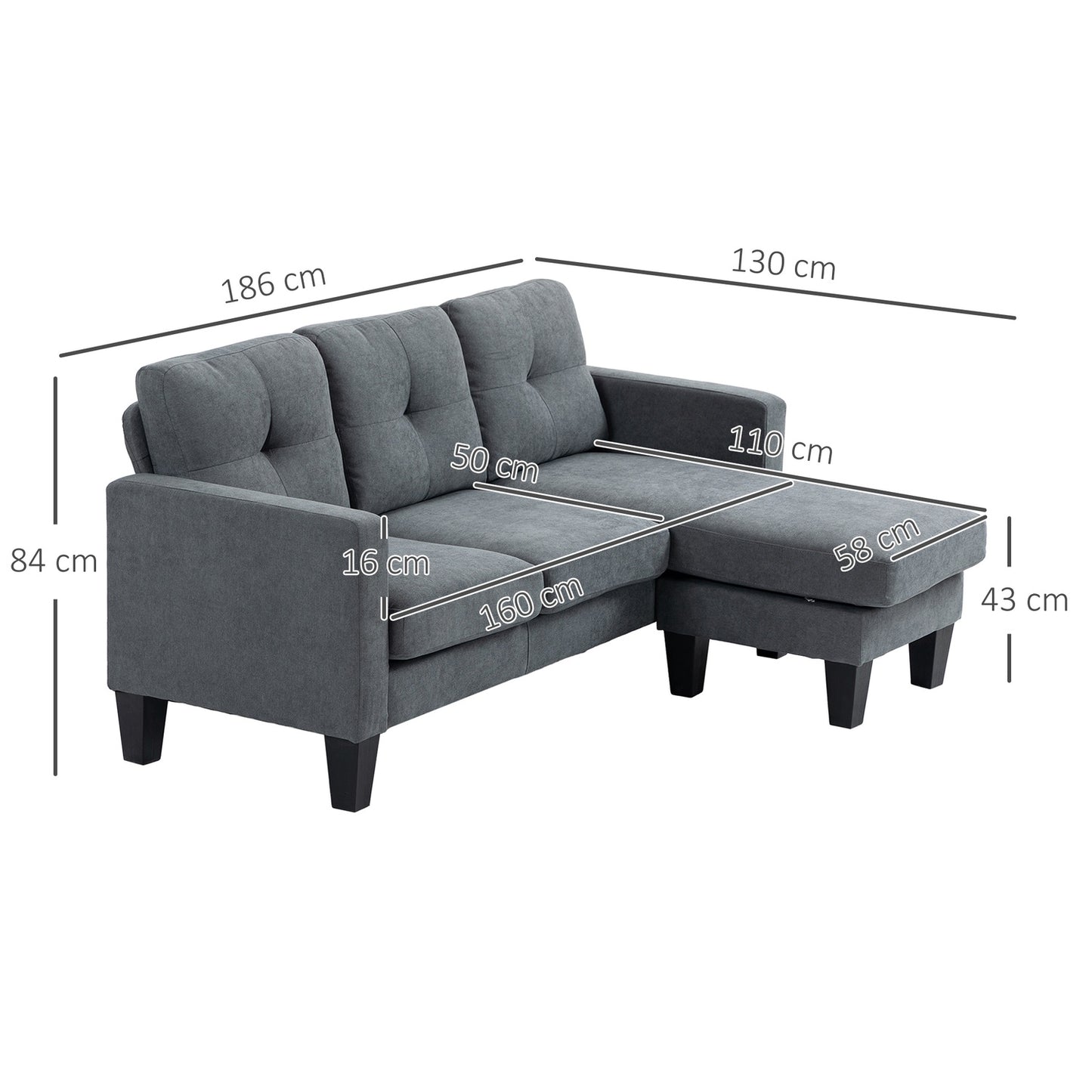 L-shaped corner sofa with chaise longue that can be attached to either side, upholstered sofa, dark grey
