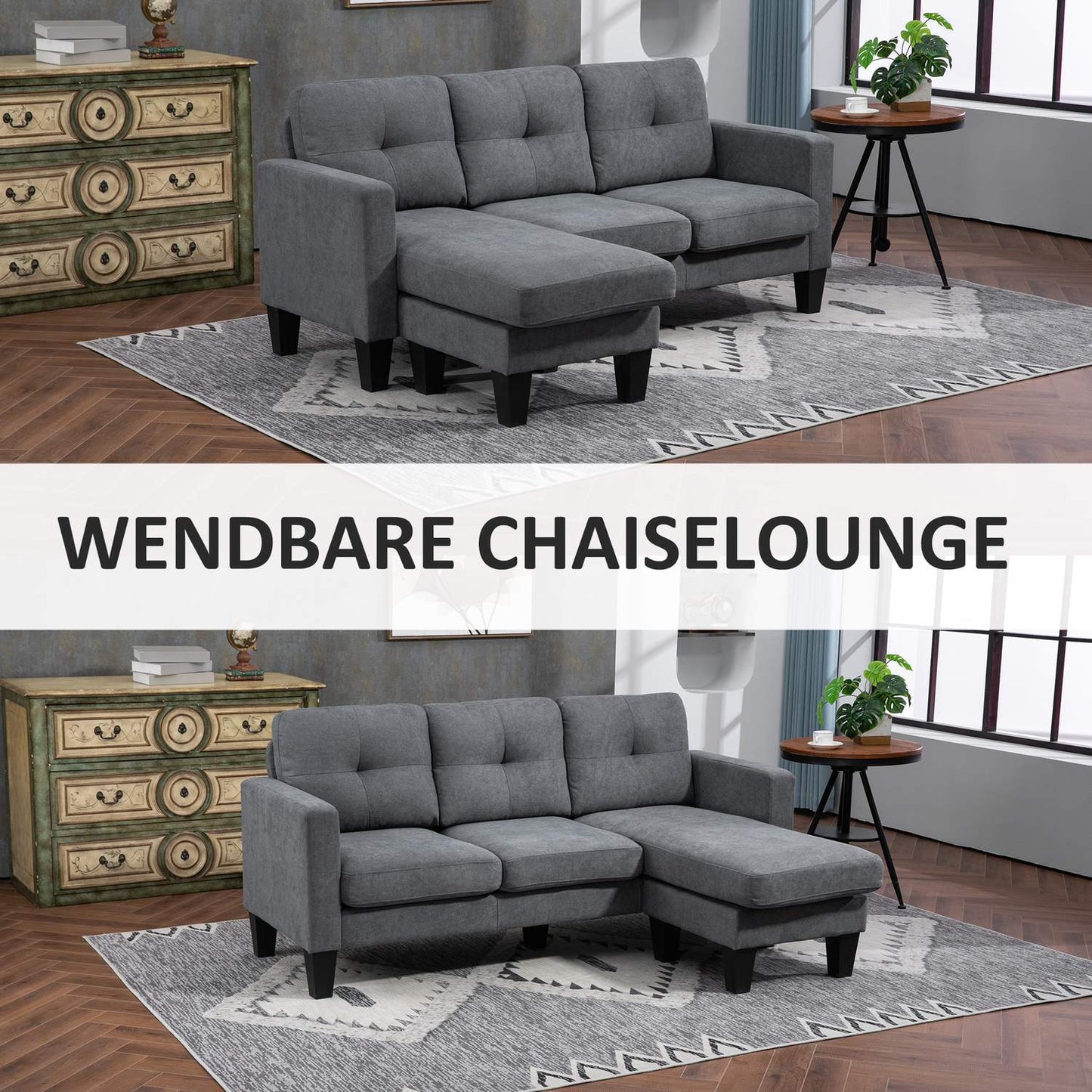 L-shaped corner sofa with chaise longue that can be attached to either side, upholstered sofa, dark grey