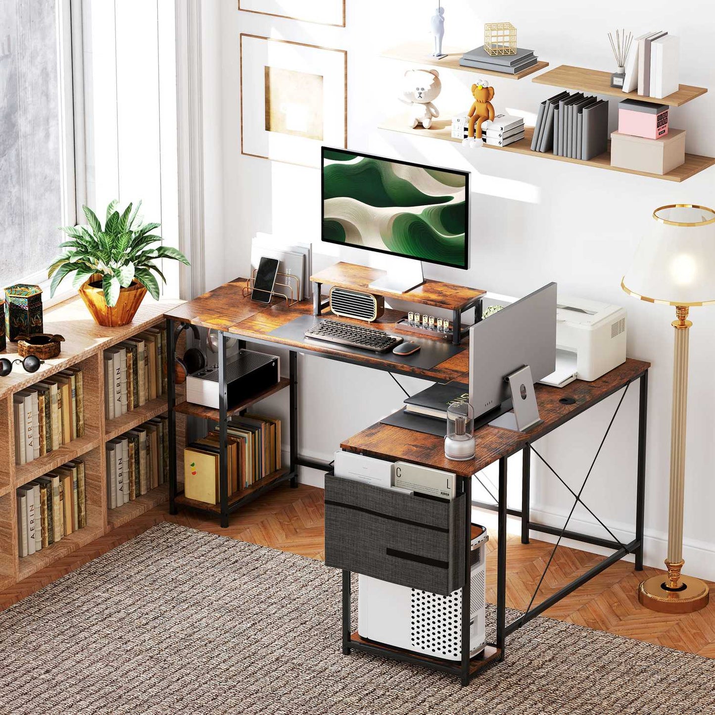 L-shaped corner desk with storage, reversible, rustic brown