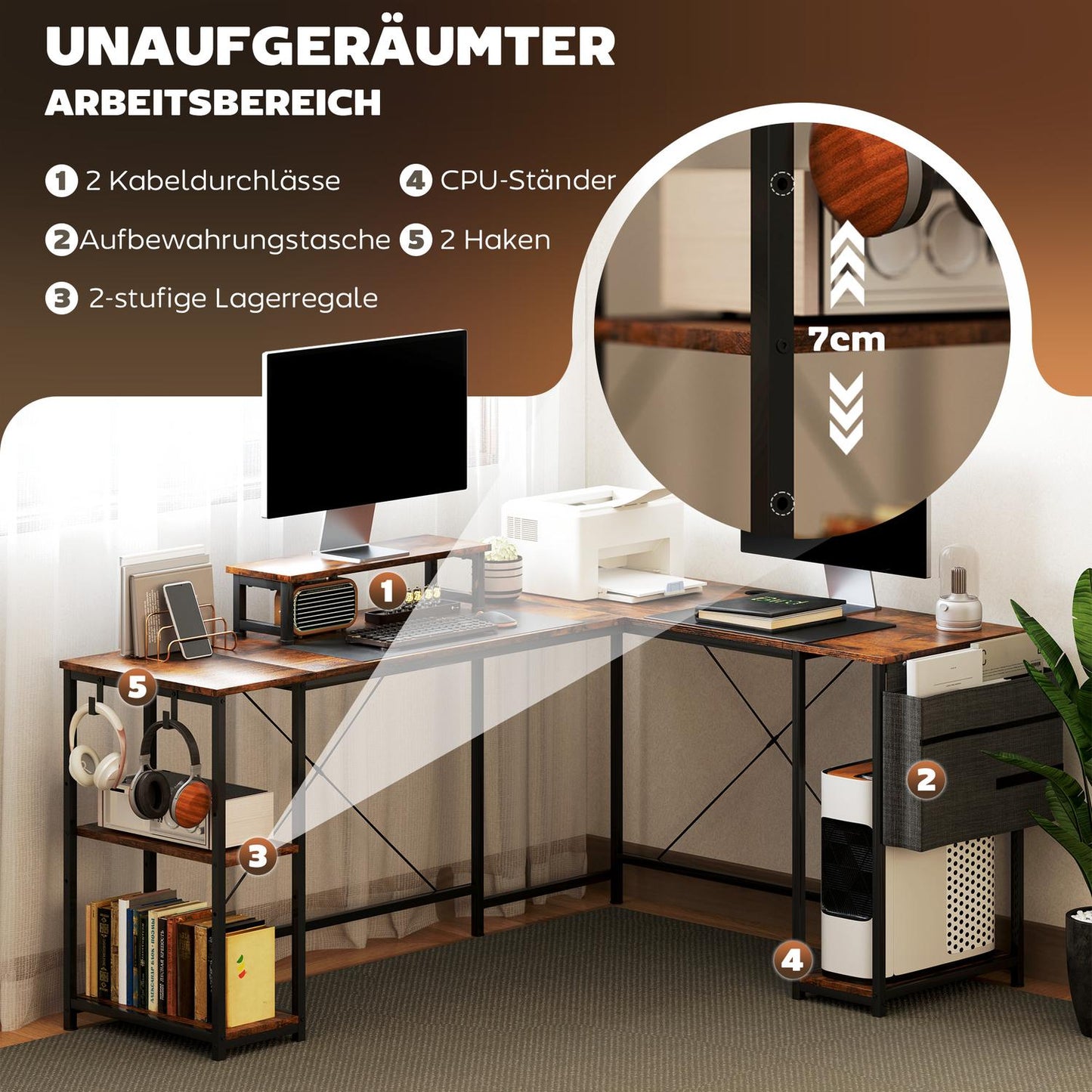 L-shaped corner desk with storage, reversible, rustic brown