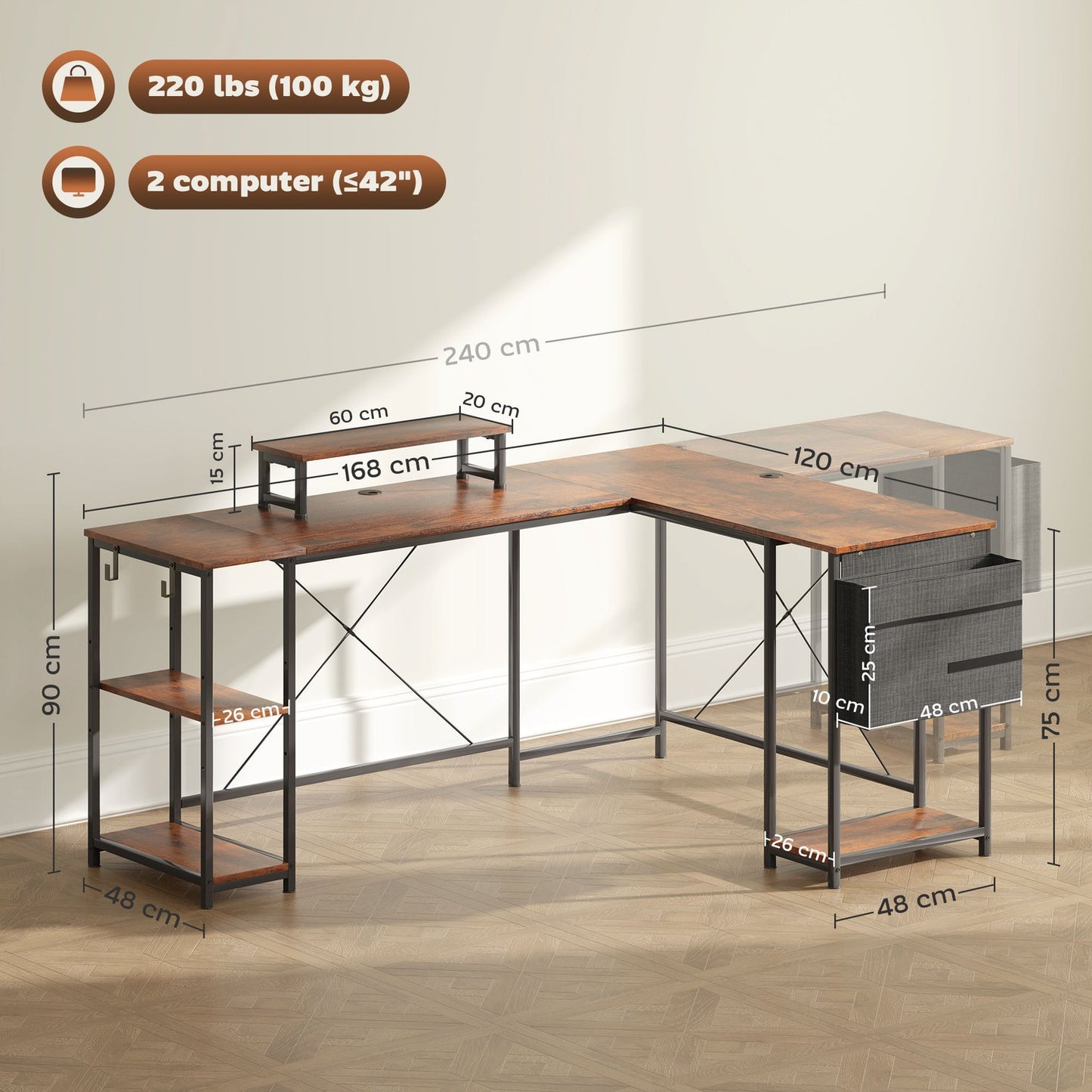 L-shaped corner desk with storage, reversible, rustic brown