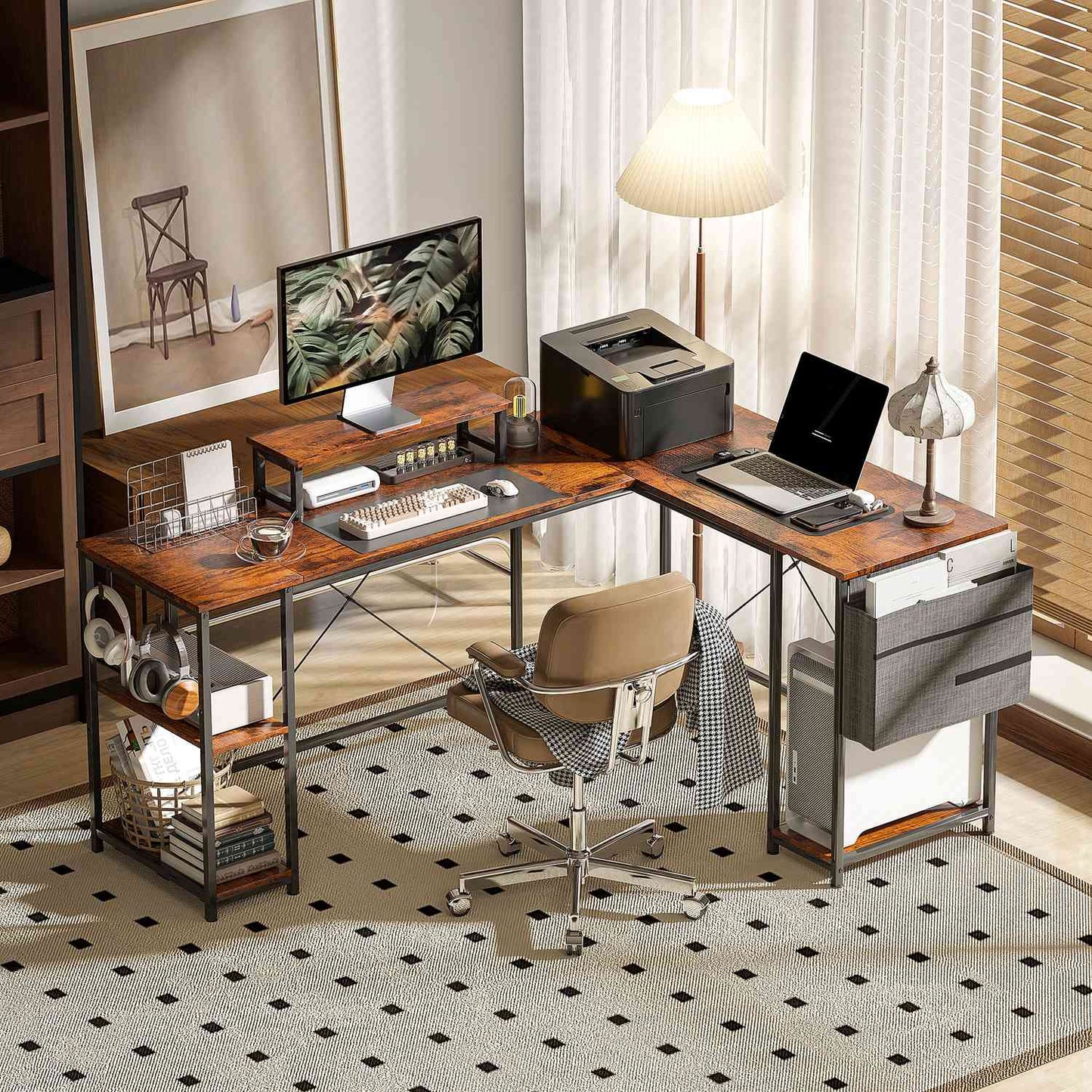 L-shaped corner desk with storage, reversible, rustic brown