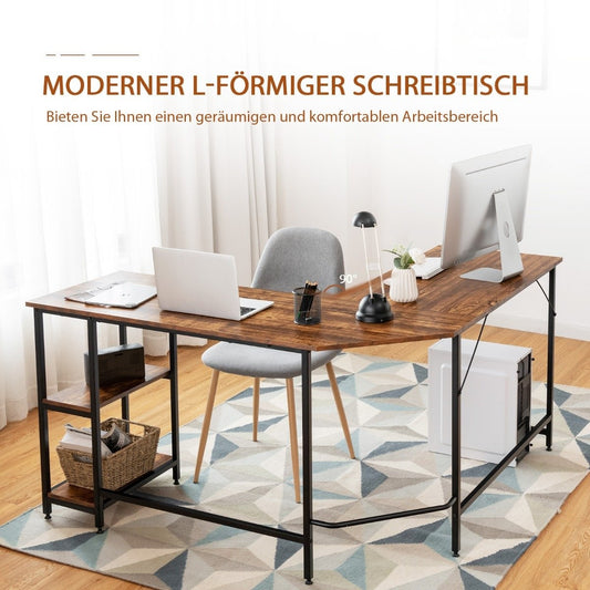 L-shaped desk home office desk with 2 shelves 138 x 138 x 75.5 cm coffee brown + black