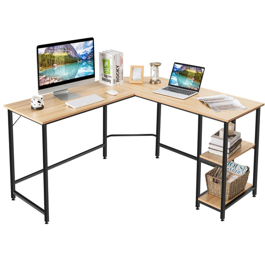 L-shaped desk home office desk with 2 shelves 138 x 60 x 75 cm natural
