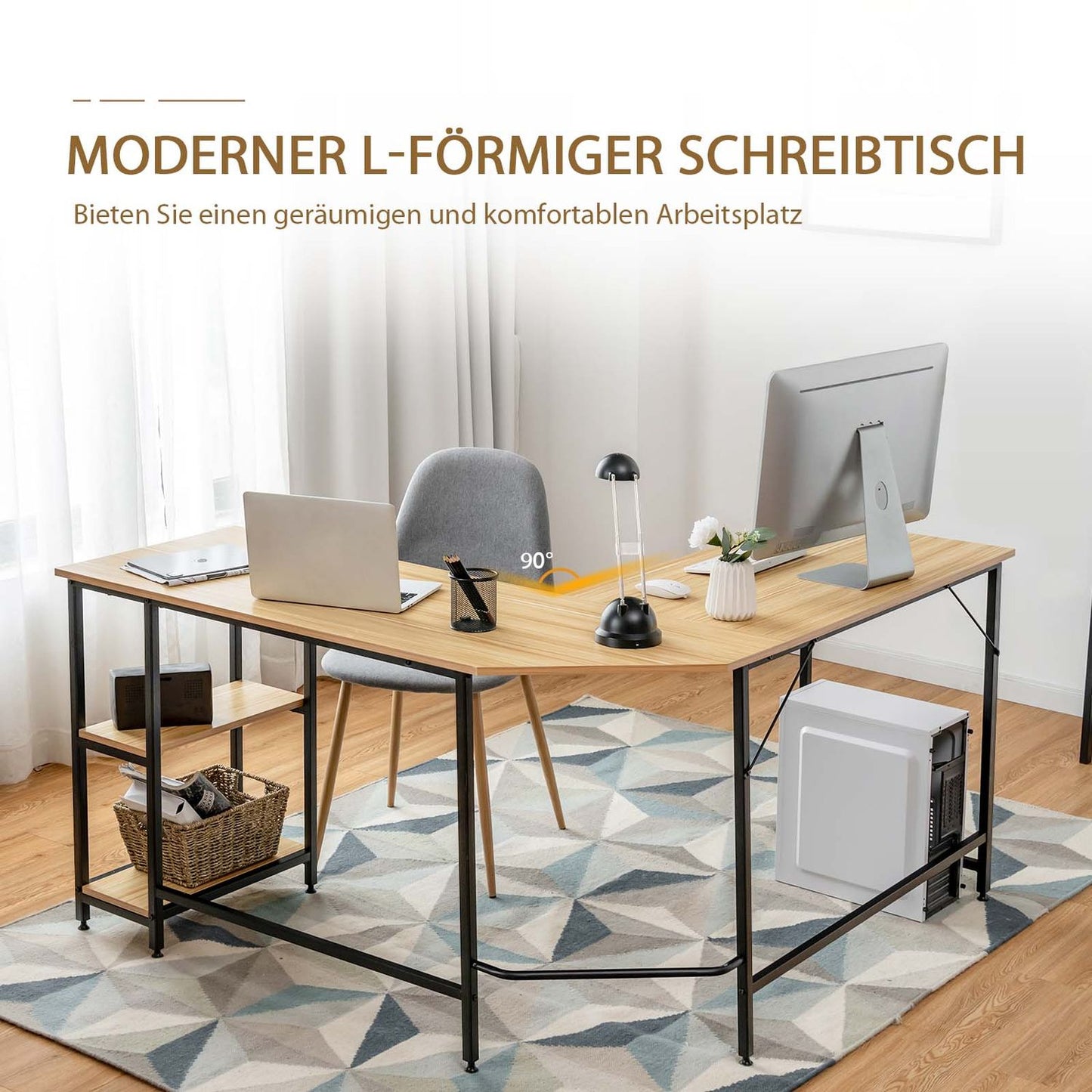 L-shaped desk home office desk with 2 shelves 138 x 60 x 75 cm natural