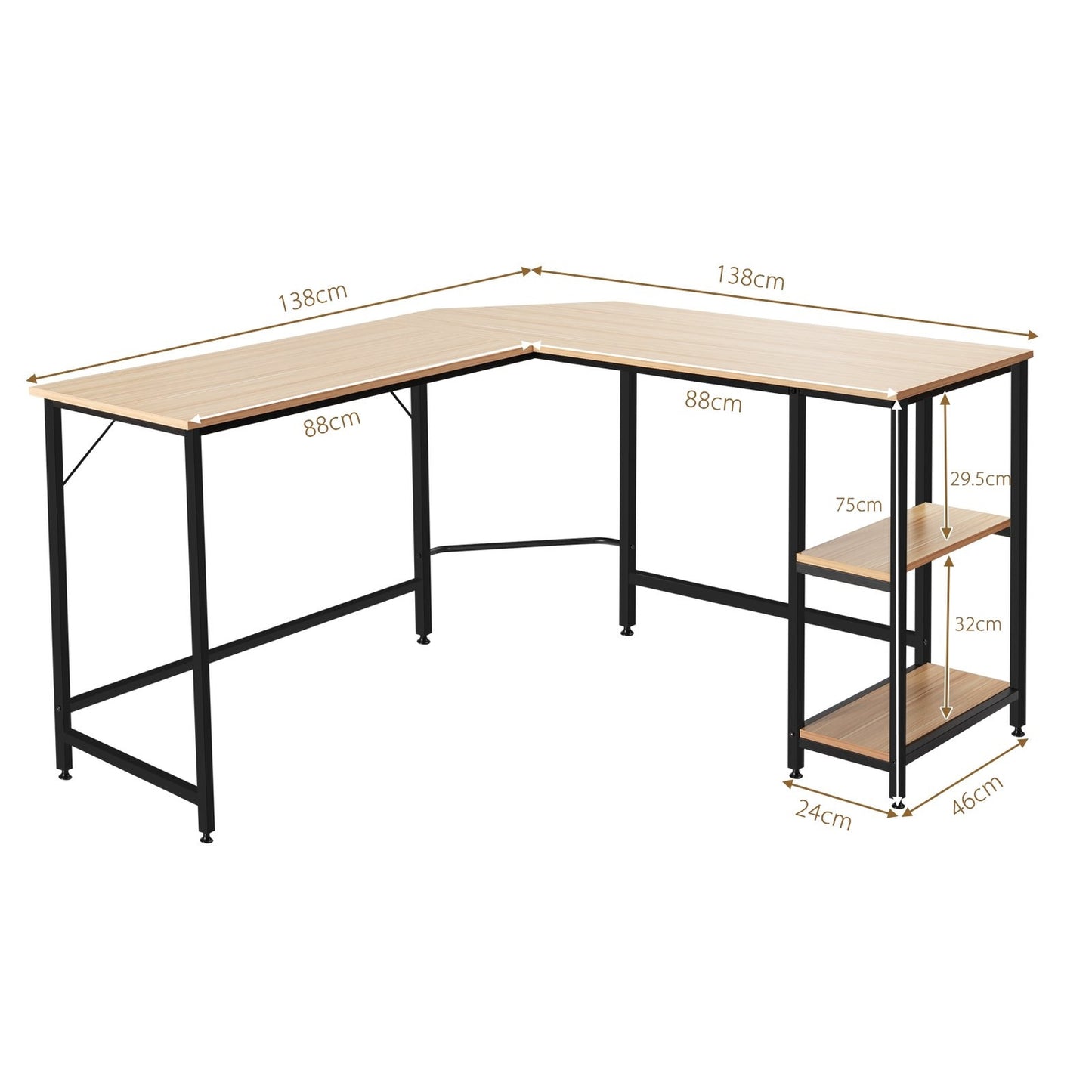L-shaped desk home office desk with 2 shelves 138 x 60 x 75 cm natural