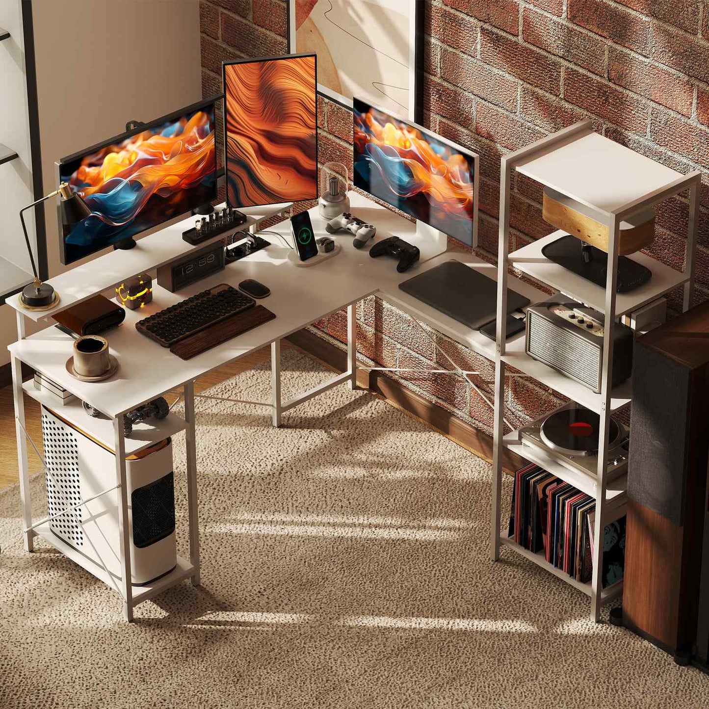 L-shaped desk with charging station, corner computer desk with monitor stand and shelves, for home office, office, white
