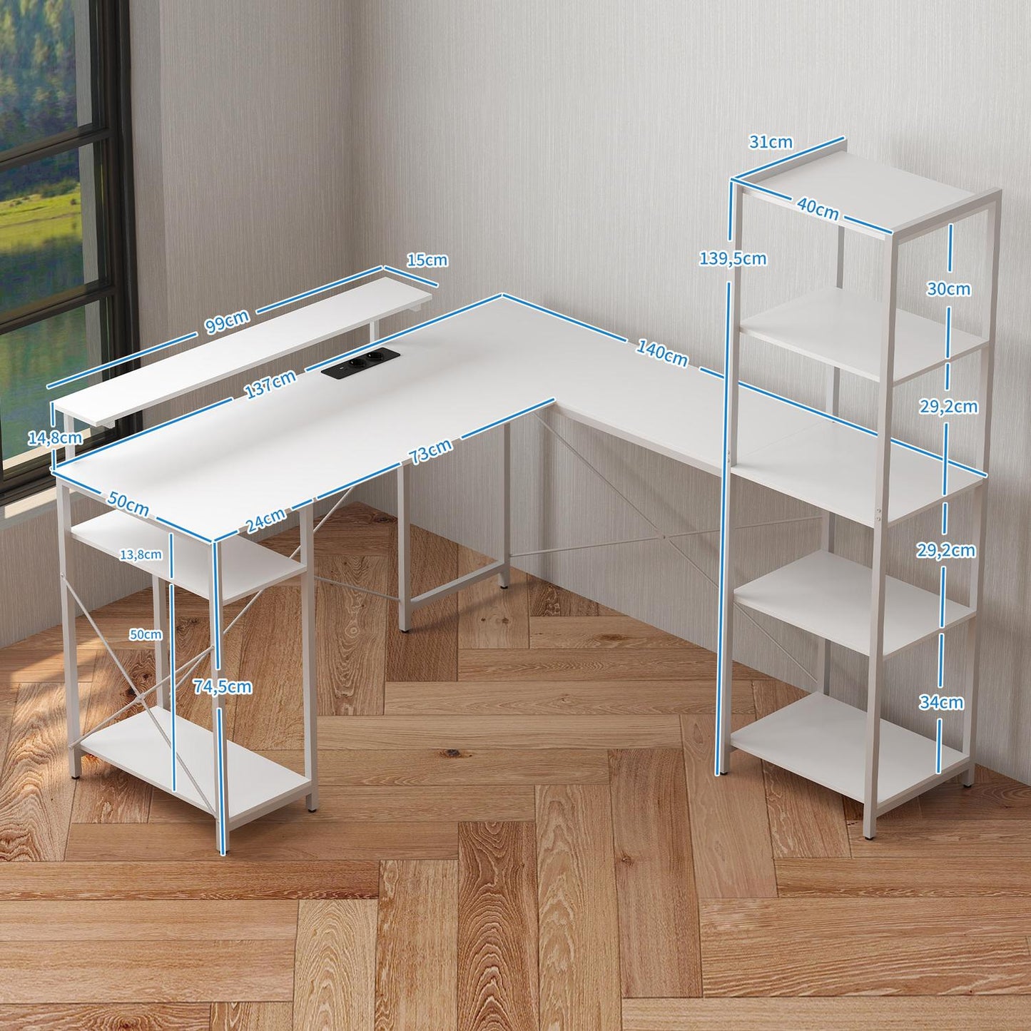 L-shaped desk with charging station, corner computer desk with monitor stand and shelves, for home office, office, white