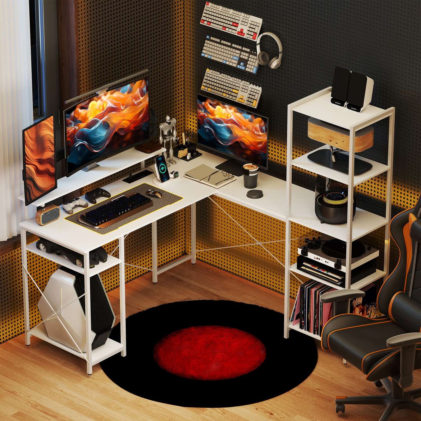 L-shaped desk with charging station, corner computer desk with monitor stand and shelves, for home office, office, white