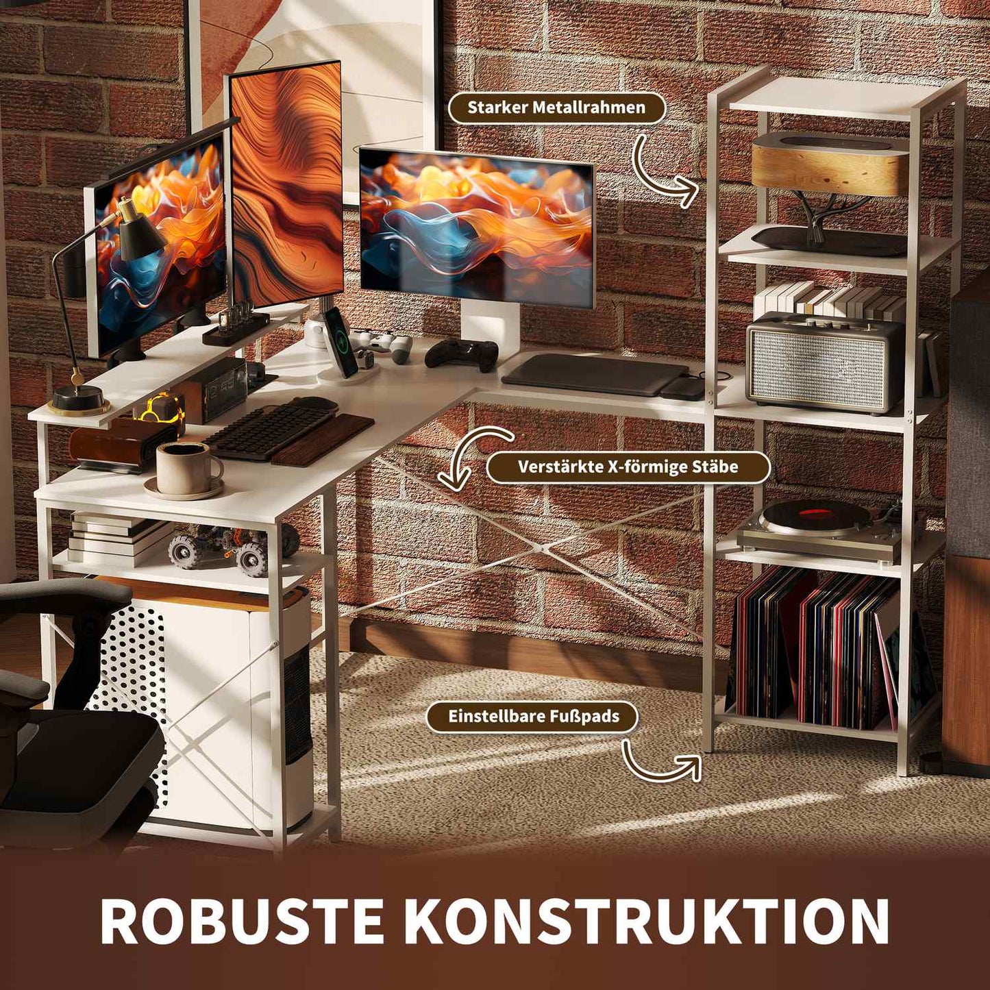 L-shaped desk with charging station, corner computer desk with monitor stand and shelves, for home office, office, white