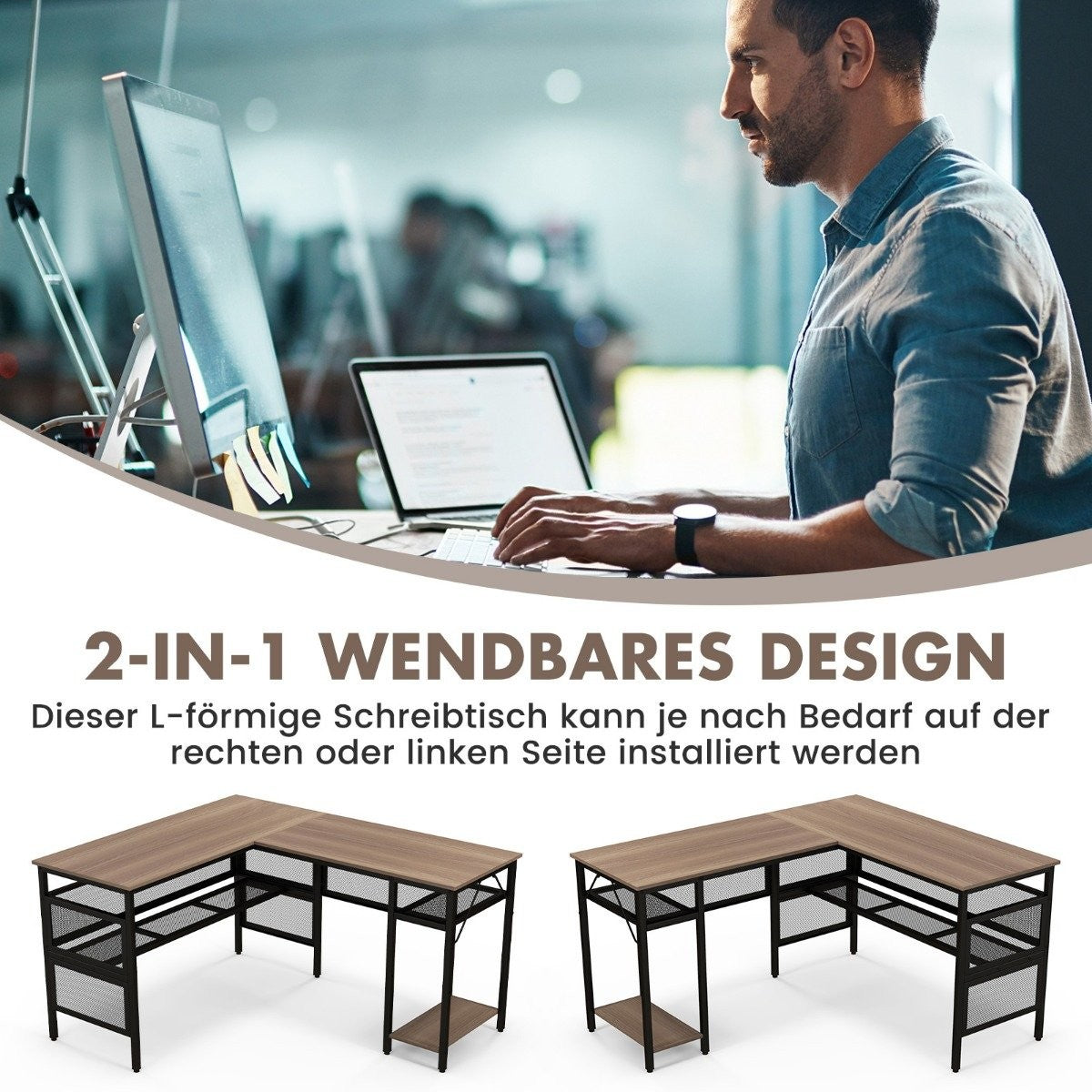 L-shaped desk with charging station reversible corner desk with mesh shelves & CPU stand