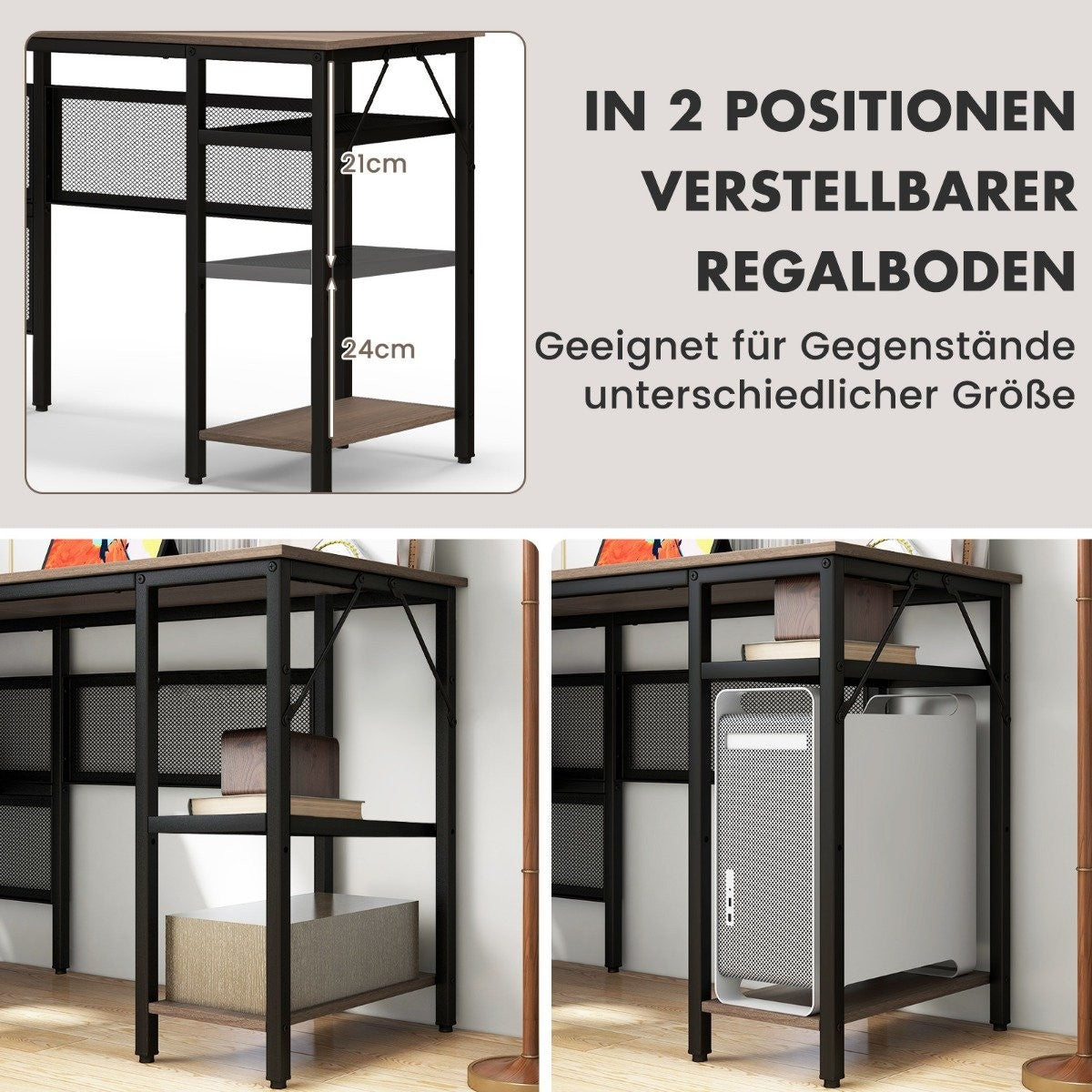 L-shaped desk with charging station reversible corner desk with mesh shelves & CPU stand