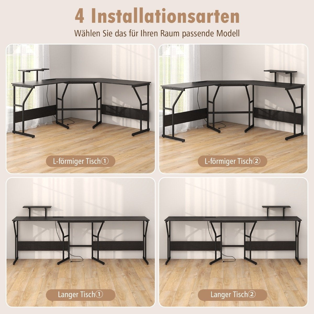 L-shaped desk with power outlet &amp; Movable monitor stand corner computer desk black