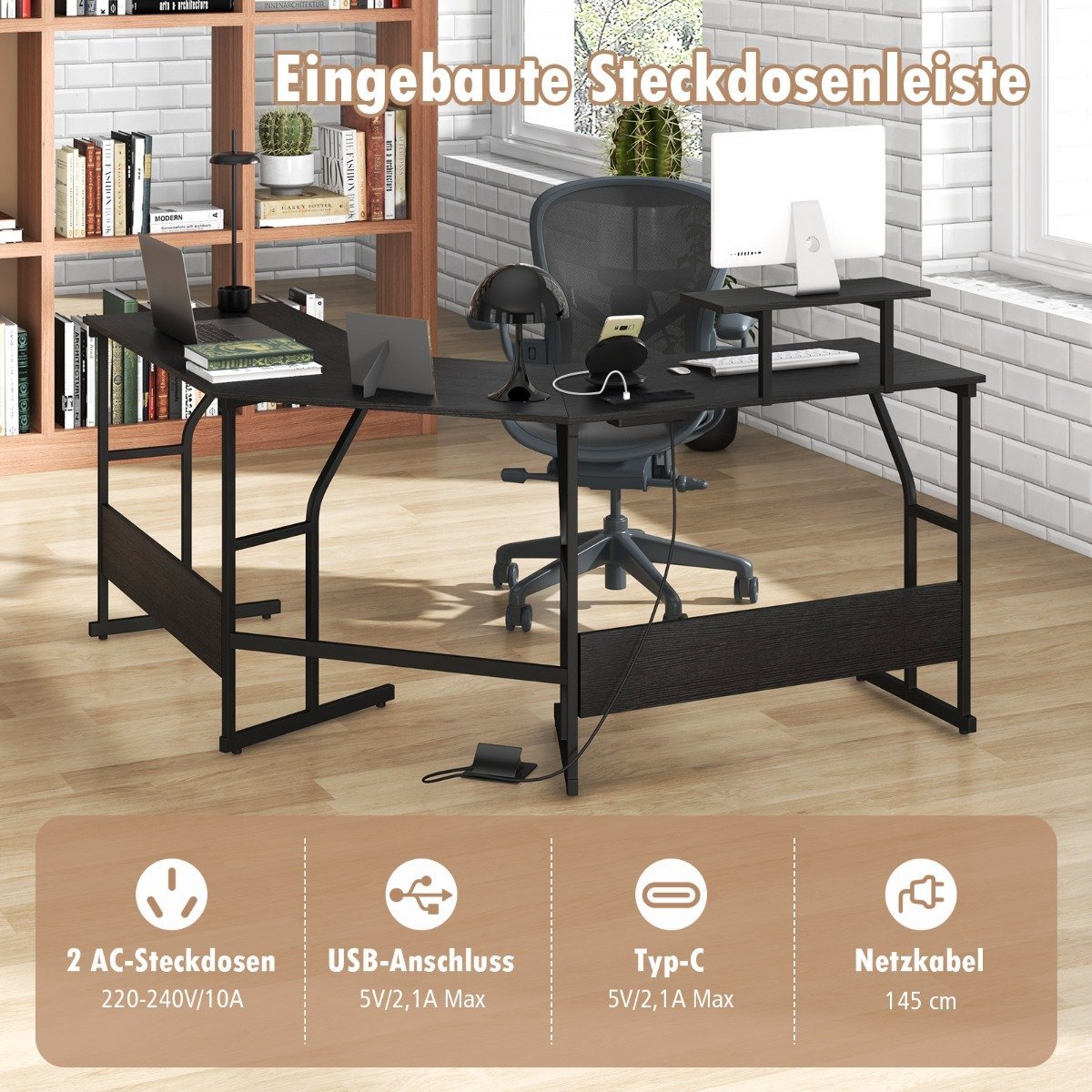 L-shaped desk with power outlet &amp; Movable monitor stand corner computer desk black