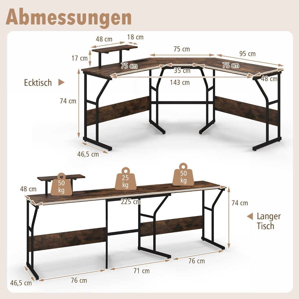 L-shaped desk with power outlet &amp; Movable monitor stand corner computer table brown