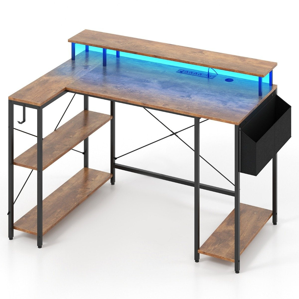 L-shaped desk with power outlets &amp; LED Lighting Gaming Computer Desk Rustic Brown