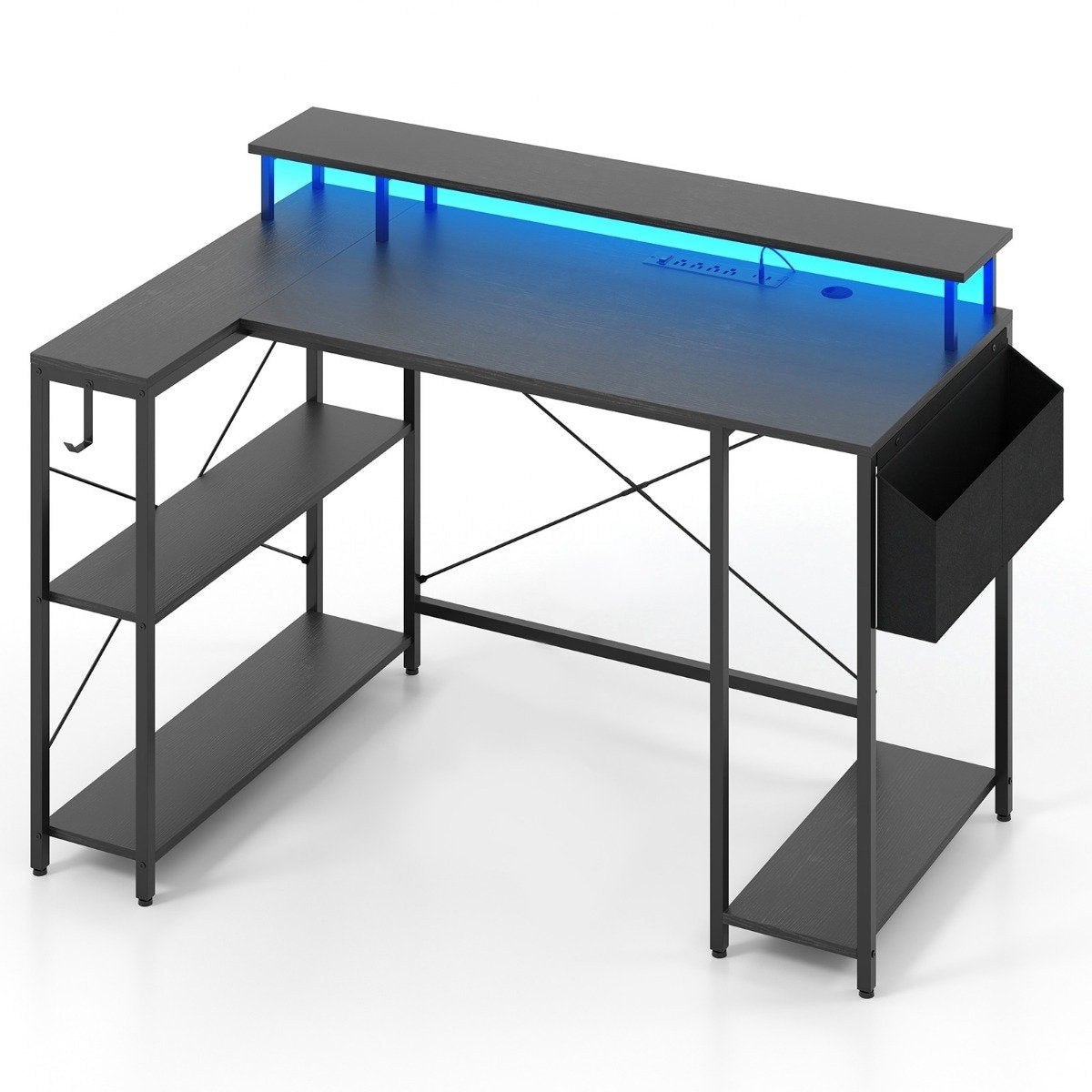 L-shaped desk with power outlets &amp; LED lighting gaming computer desk black