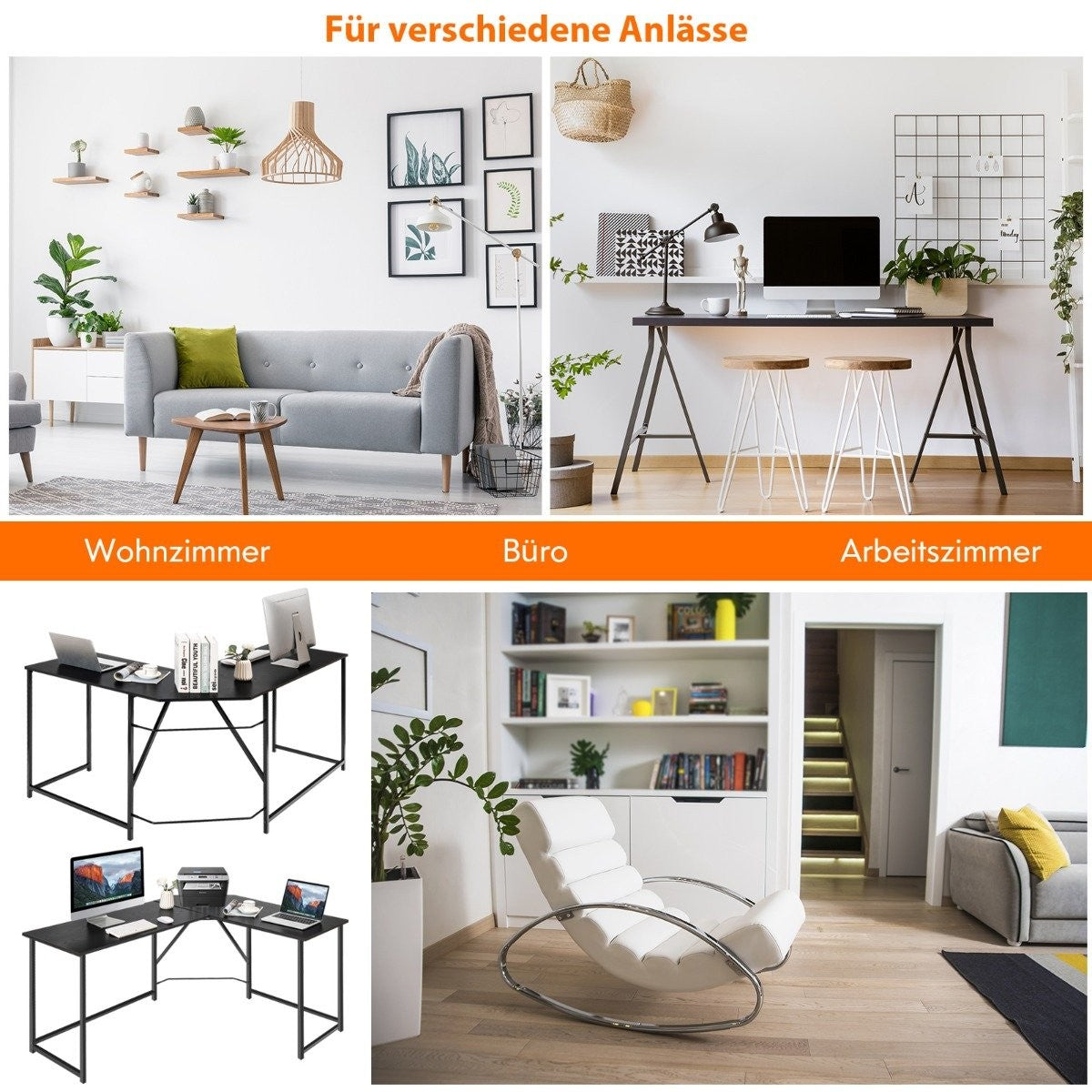L-shaped desk with round corner modern computer desk 148 × 120 × 75 cm black