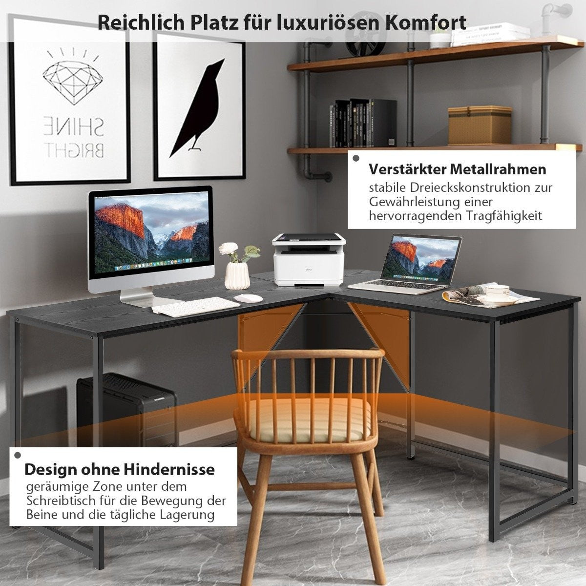 L-shaped desk with round corner modern computer desk 148 × 120 × 75 cm black