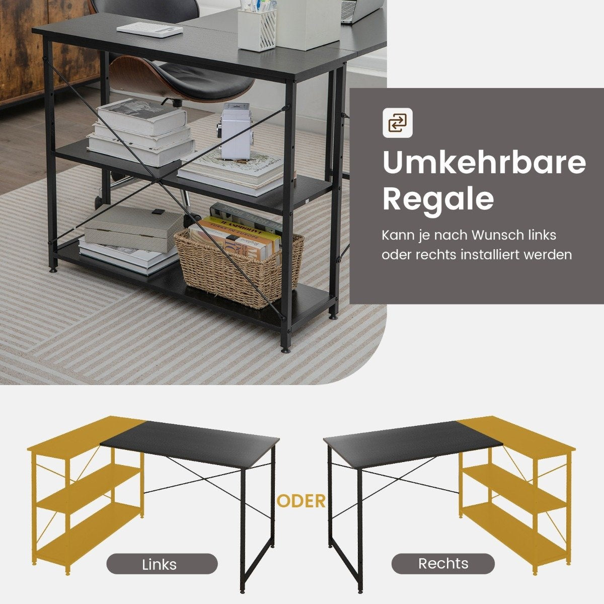 L-shape desk corner computer table with storage compartments office table 120 x 88 x 74.5 cm black