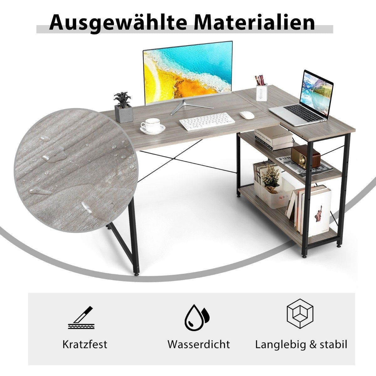 L-shape desk corner computer table with storage compartments office table 120 x 88 x 74.5 cm gray