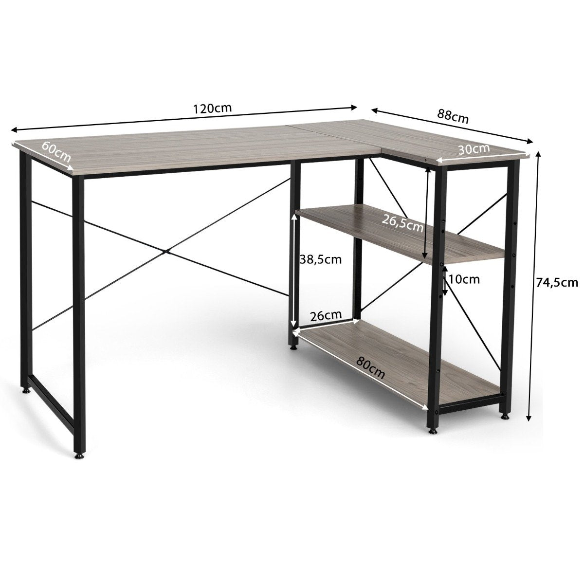 L-shape desk corner computer table with storage compartments office table 120 x 88 x 74.5 cm gray
