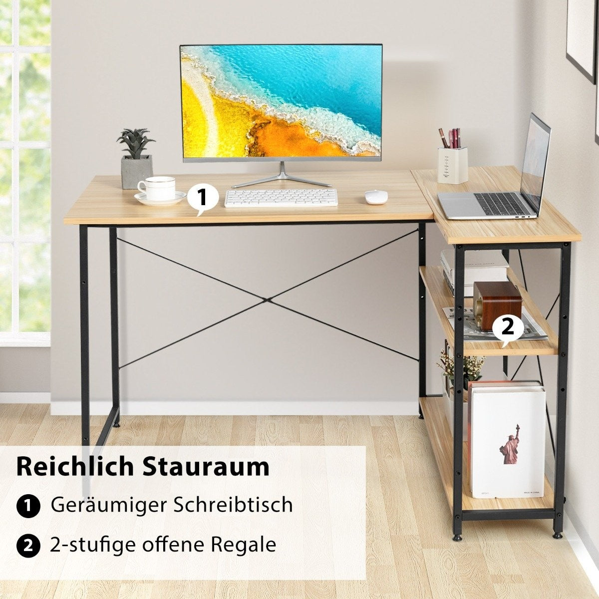 L-shape desk corner computer table with storage compartments office table 120 x 88 x 74.5 cm natural