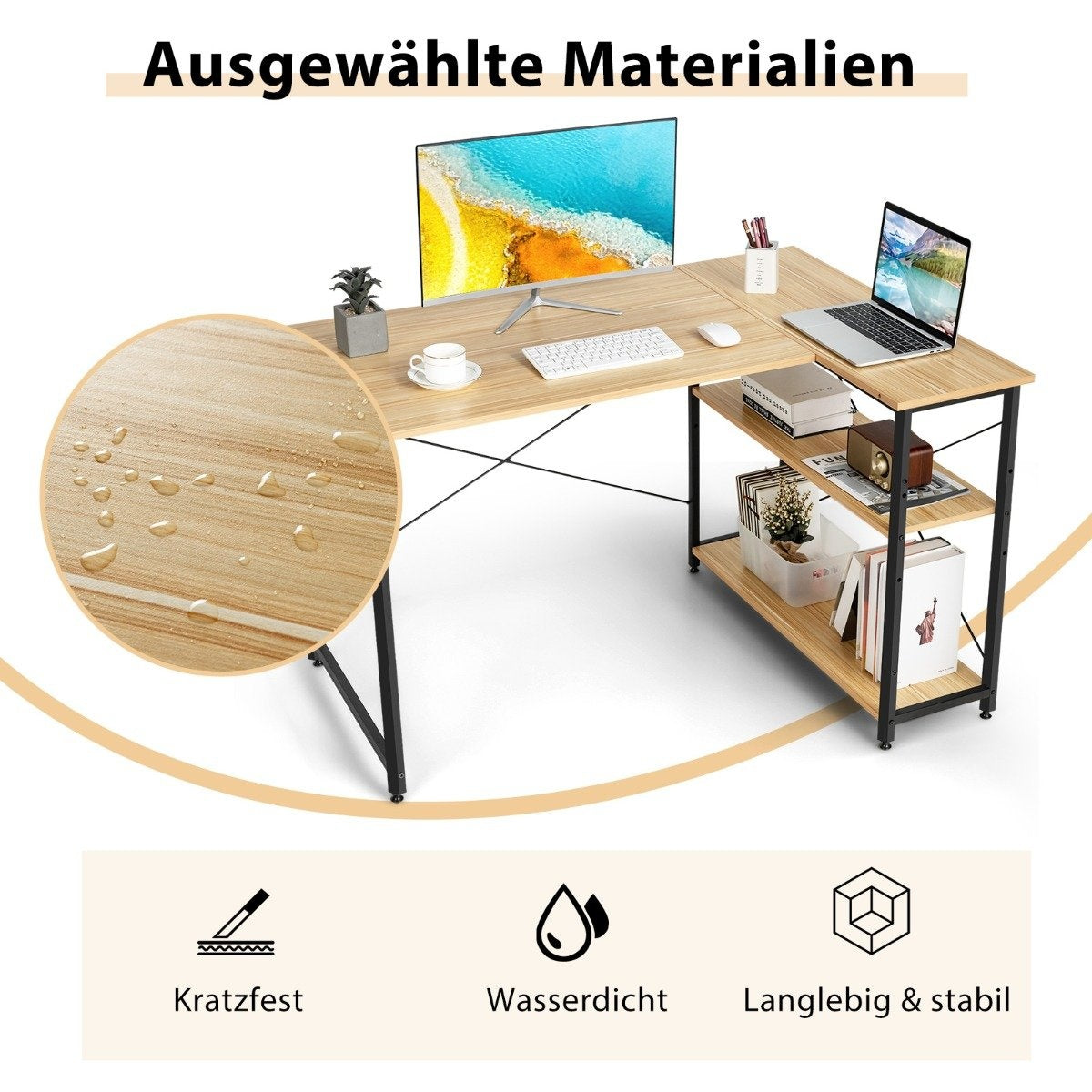 L-shape desk corner computer table with storage compartments office table 120 x 88 x 74.5 cm natural