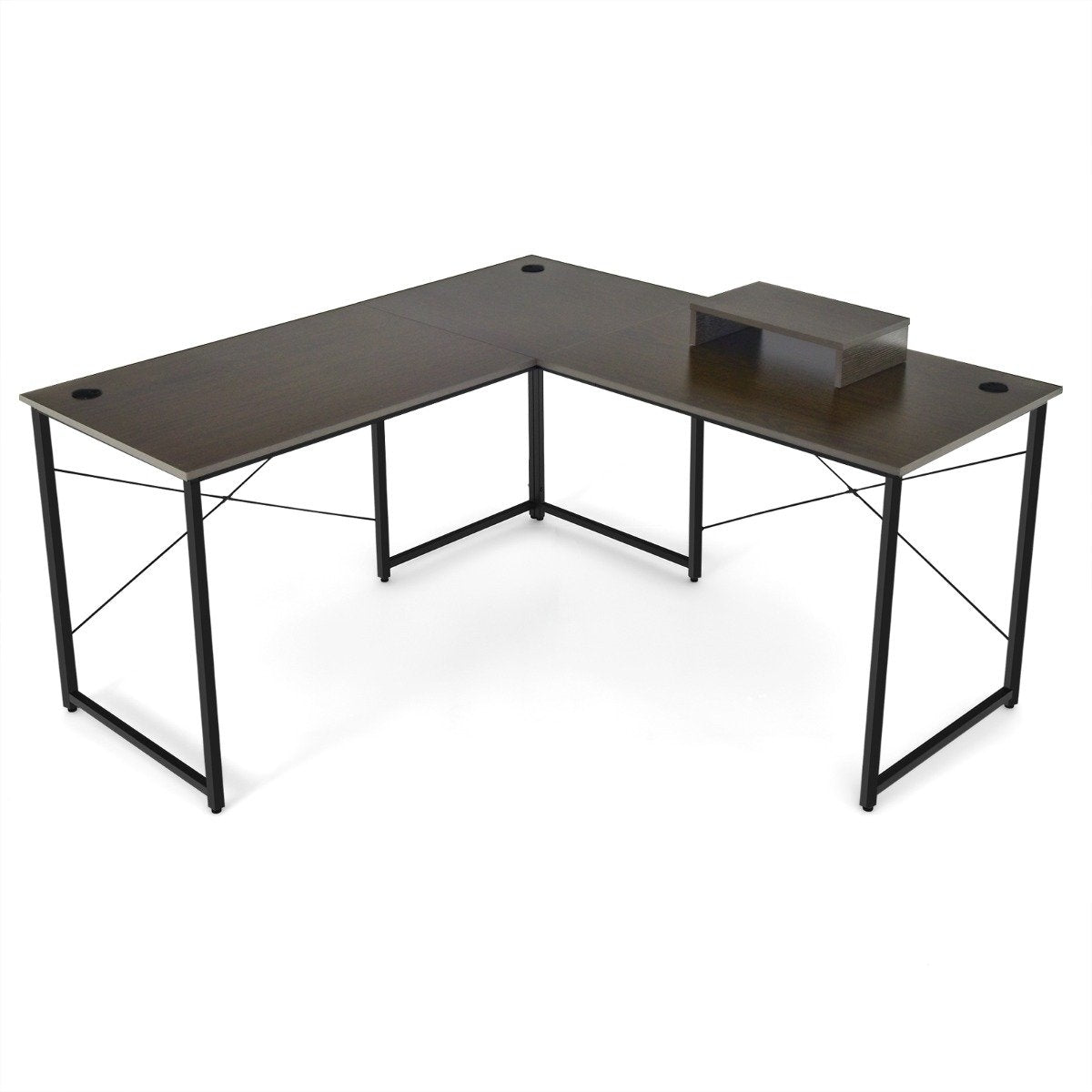 L-shape desk with monitor stand & 3 cable holes reversible corner desk brown