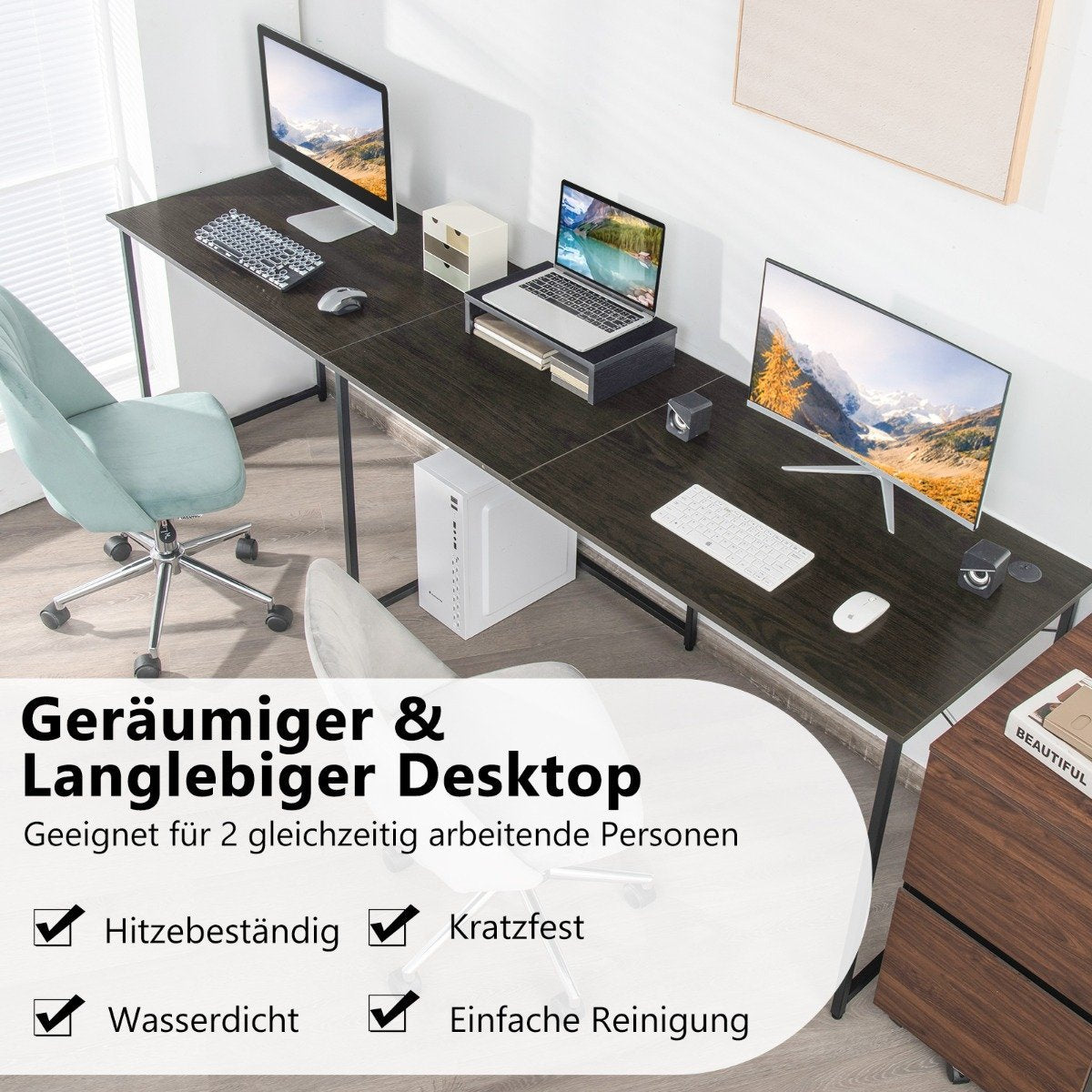 L-shape desk with monitor stand & 3 cable holes reversible corner desk brown