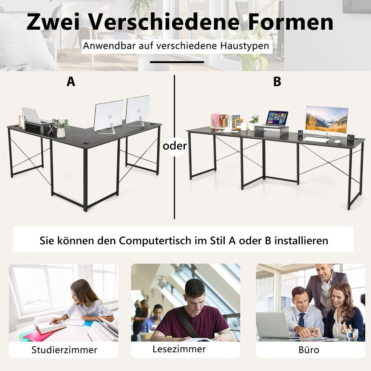 L-shape desk with monitor stand & 3 cable holes reversible corner desk brown