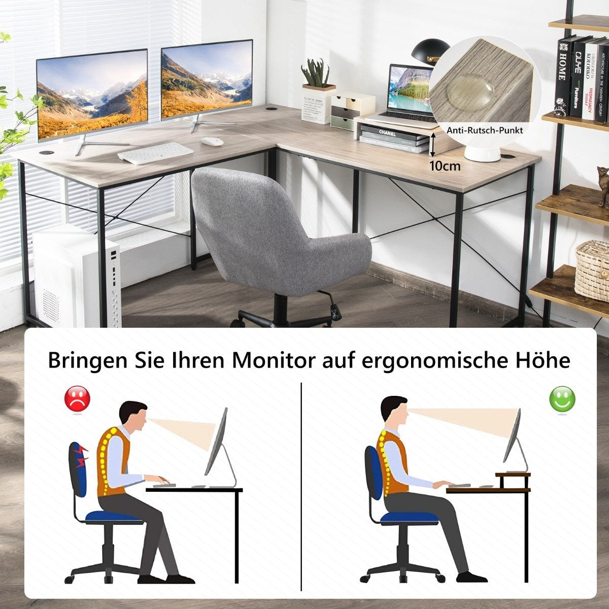 L-shape desk with monitor stand & 3 cable holes reversible corner desk light gray