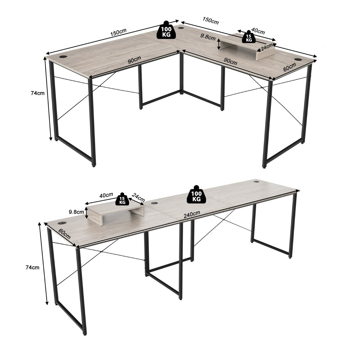 L-shape desk with monitor stand & 3 cable holes reversible corner desk light gray