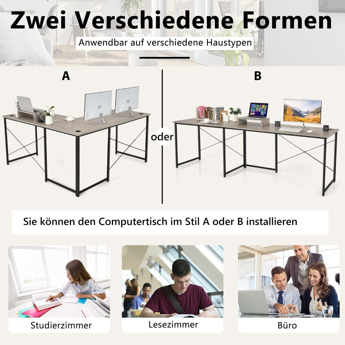 L-shape desk with monitor stand & 3 cable holes reversible corner desk light gray