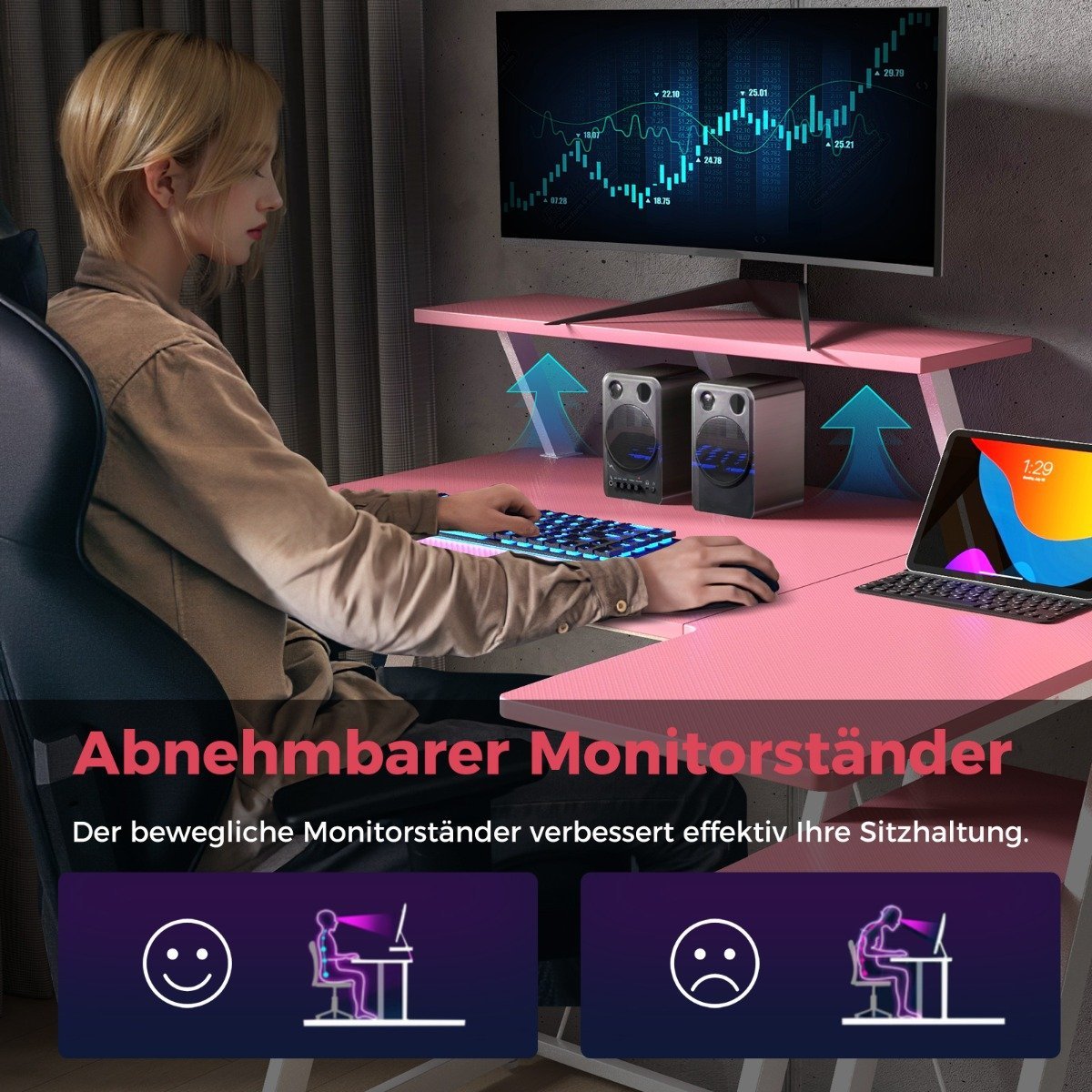 L-shaped gaming desk with power outlets &amp; USB ports with monitor shelf computer desk - pink
