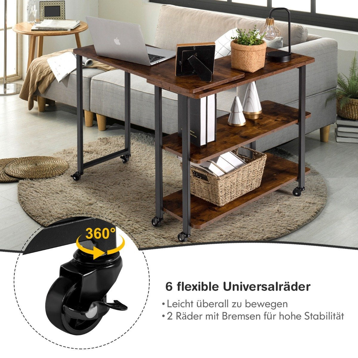 L-shaped side table with wheels & 2 shelves 360° rotating sofa table Rustic brown