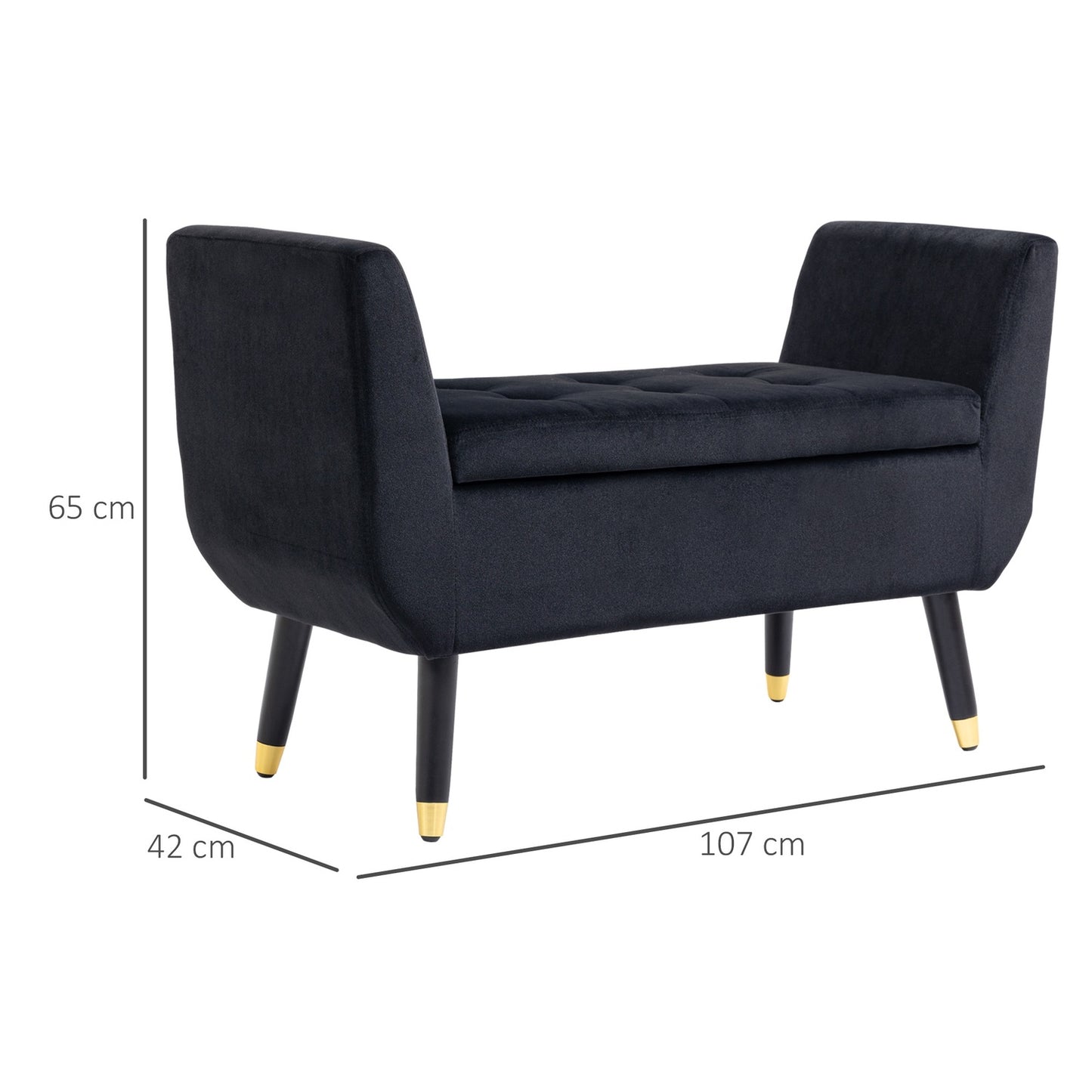 Luxuriously upholstered black bench with storage - velvet slipper, 107cm