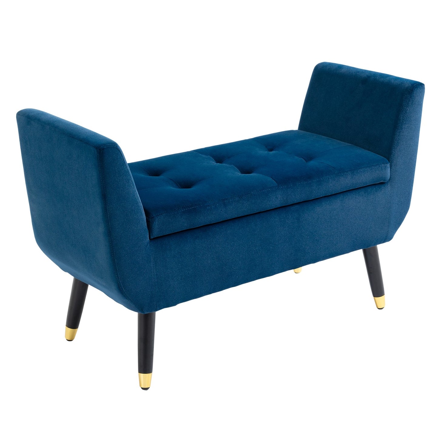 Blue upholstered storage bench, armrests, velvet finish