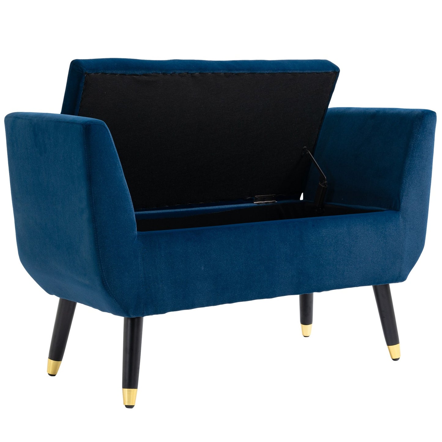 Blue upholstered storage bench, armrests, velvet finish