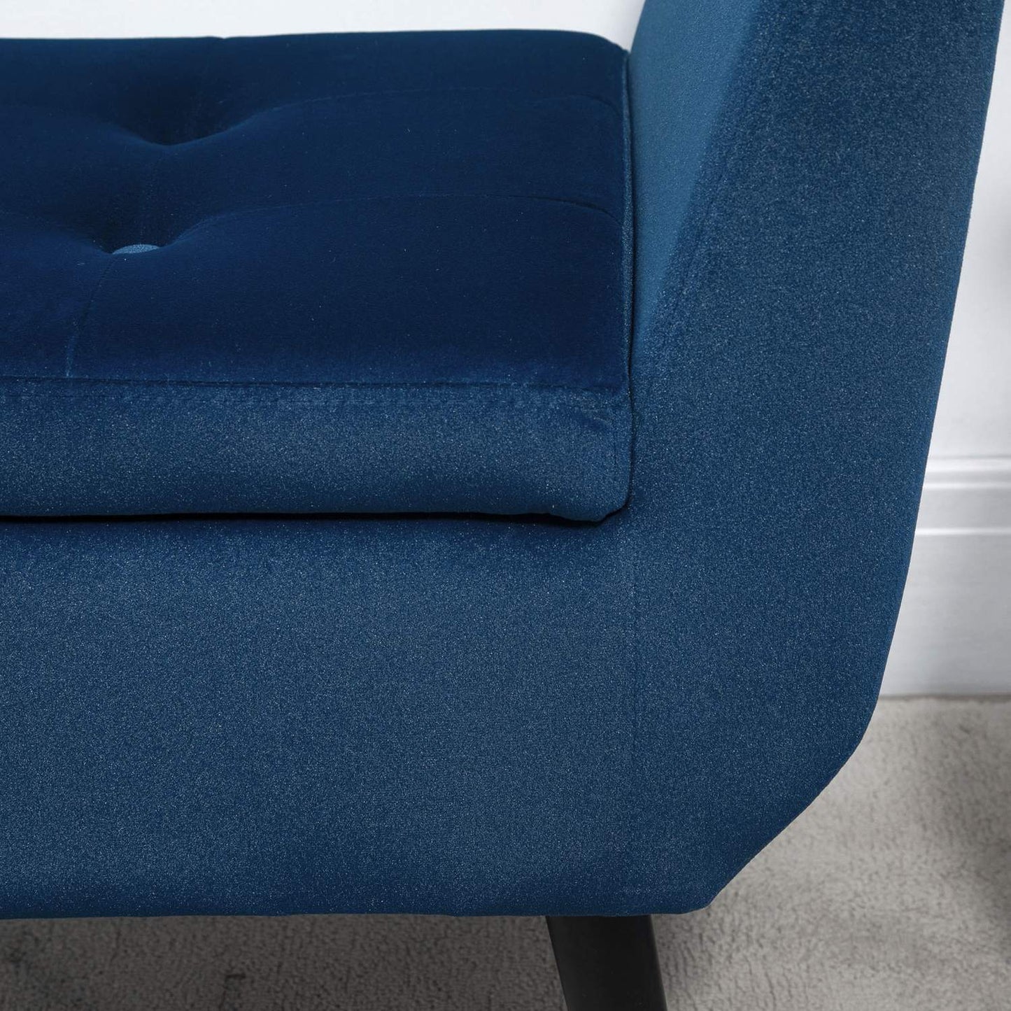 Blue upholstered storage bench, armrests, velvet finish