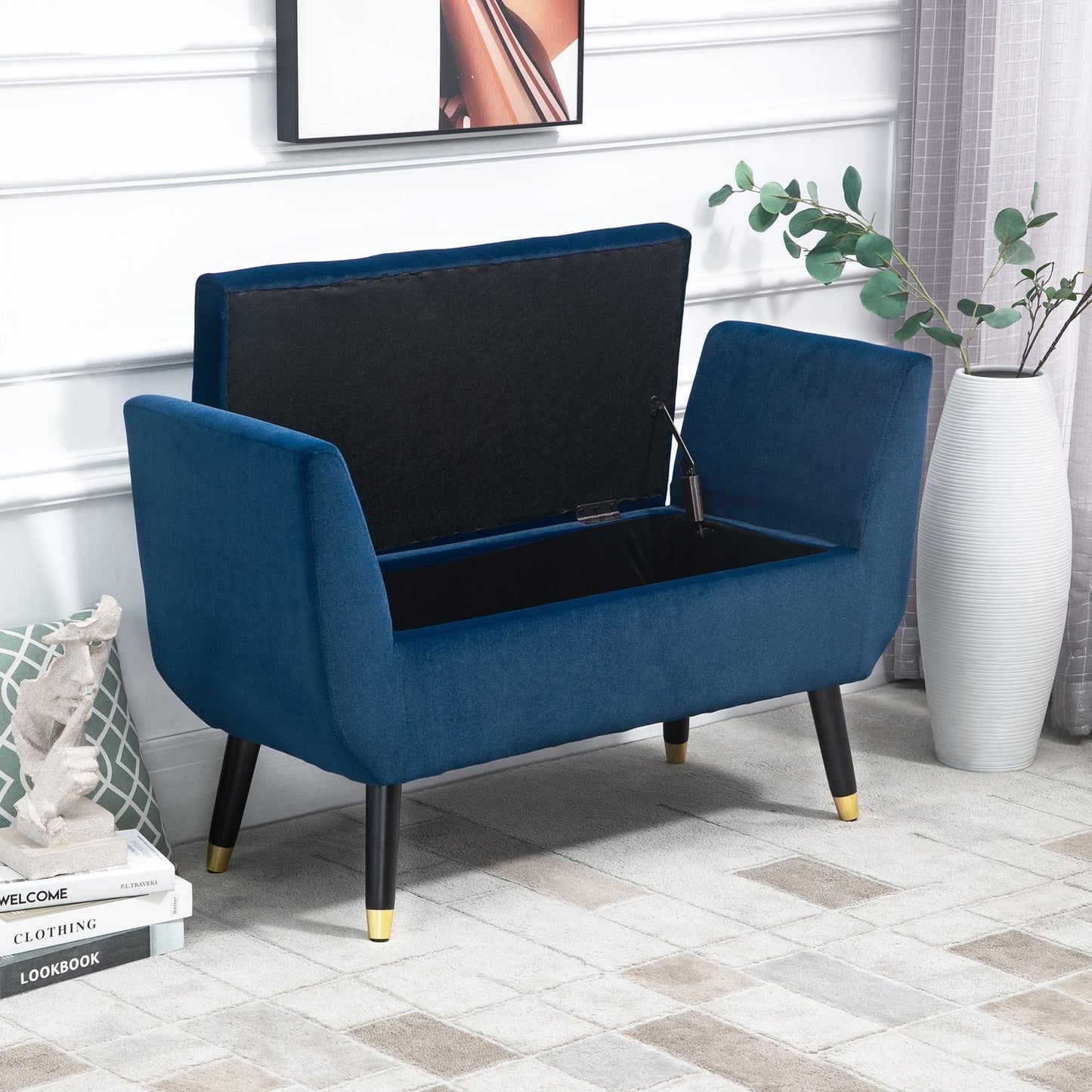 Blue upholstered storage bench, armrests, velvet finish