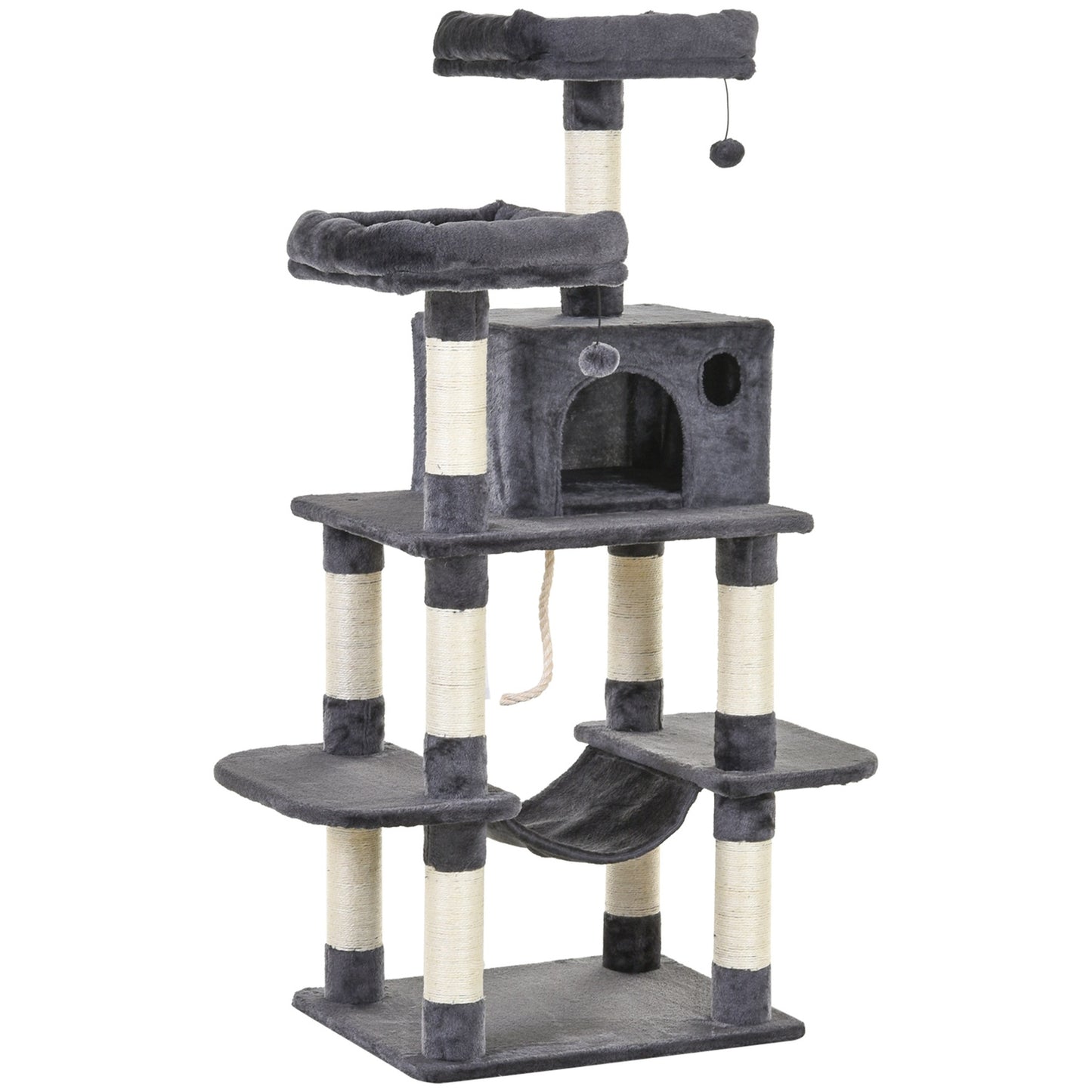 Luxurious cat tree with hammock and house, dark grey, 144cm