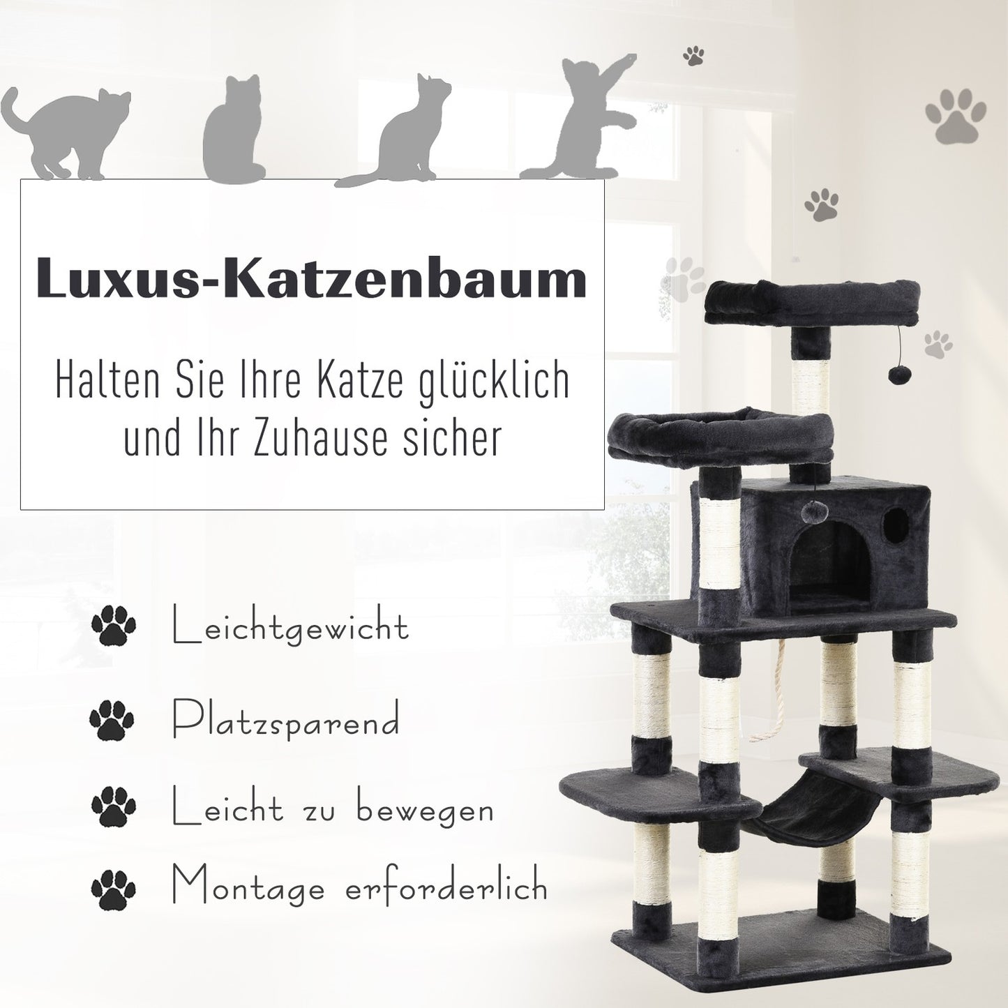 Luxurious cat tree with hammock and house, dark grey, 144cm