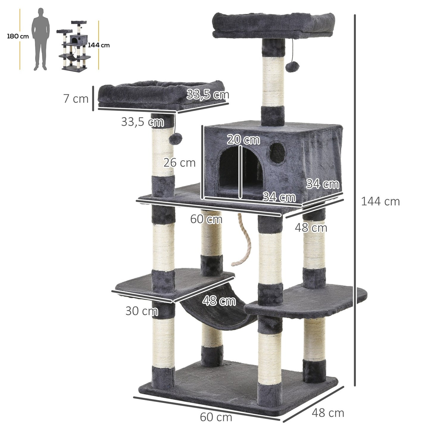 Luxurious cat tree with hammock and house, dark grey, 144cm